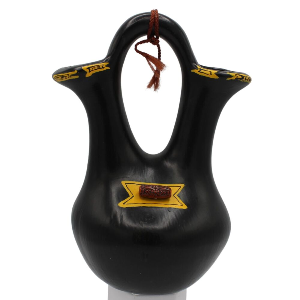 Vintage Southwestern Wedding Vase Black Ceramic Yellow Accents, Pueblo Style